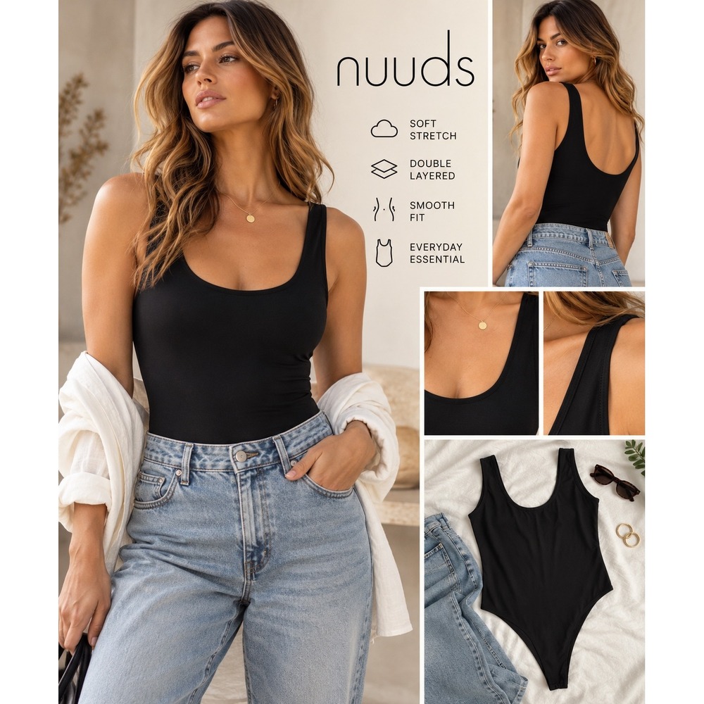 NUUDS Bodysuit XXXL Black Scoop Neck Stretch Sleeveless Double Layer Basic
